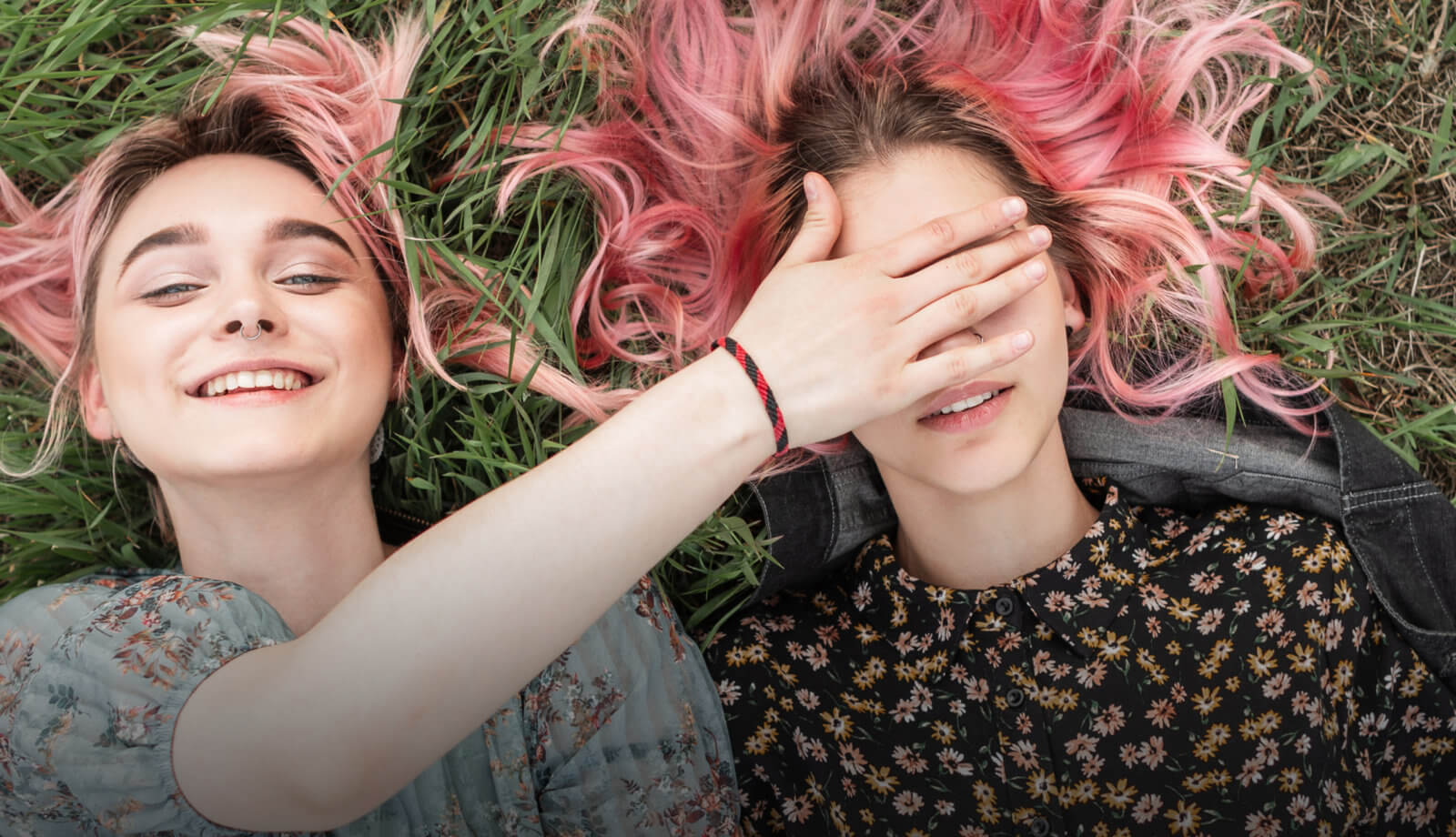 Young woman covering her friends eyes