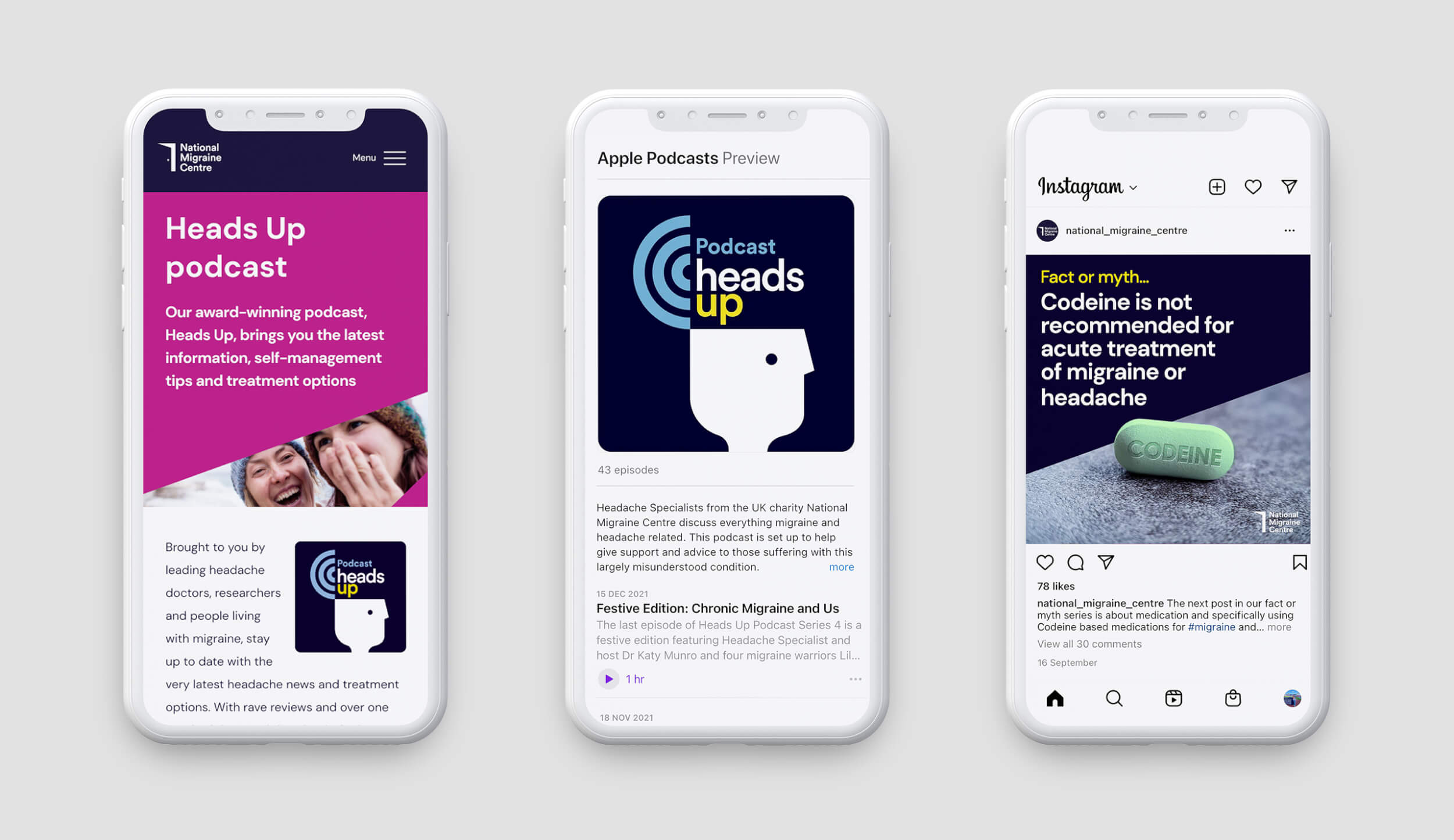 National Migraine Centre podcast and social posts mobile view