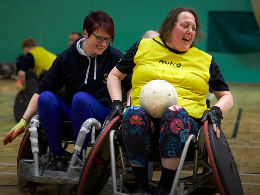 Wheelchair rugby players in action