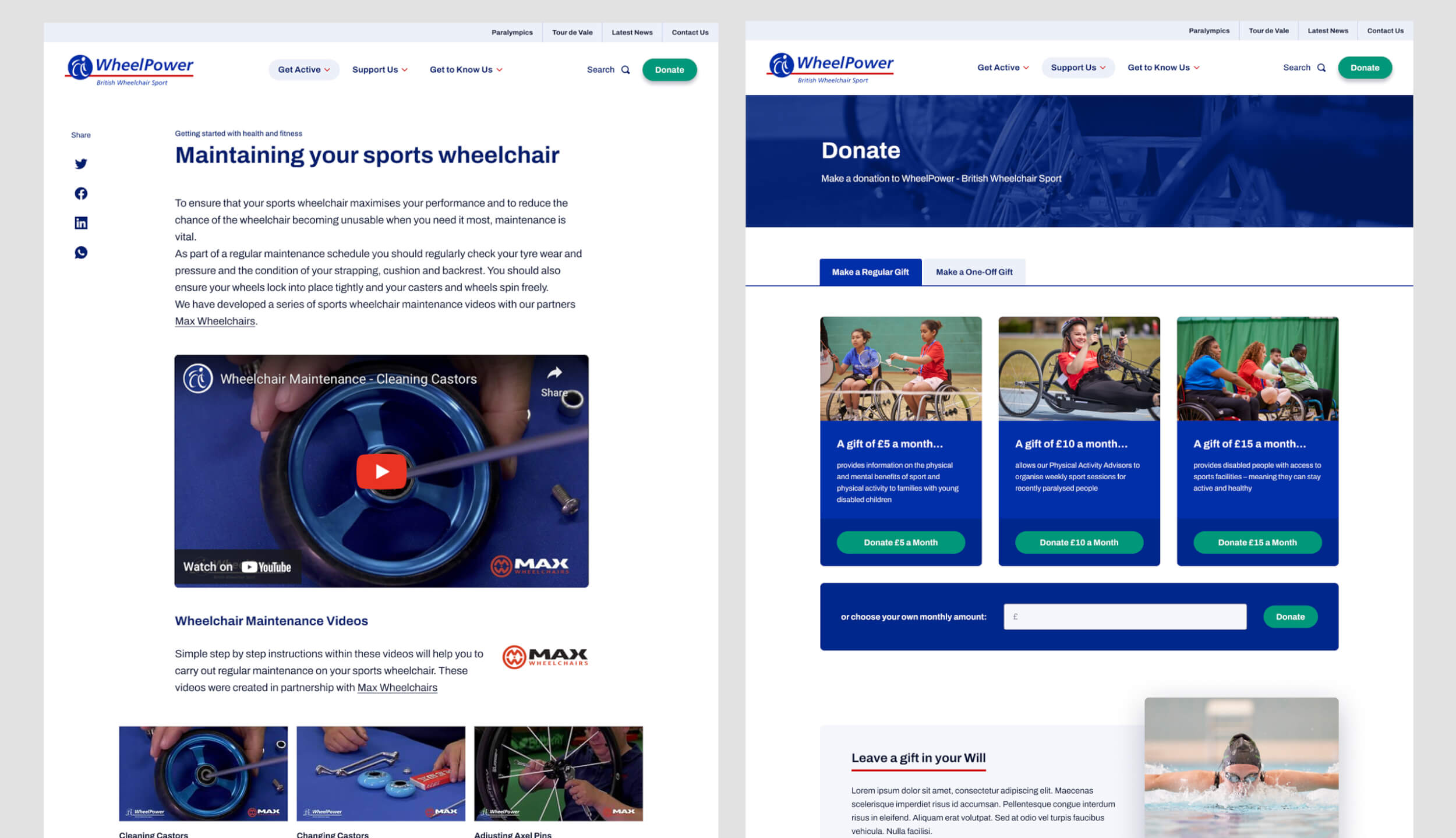 WheelPower website pages in detail side by side showing lower level pages