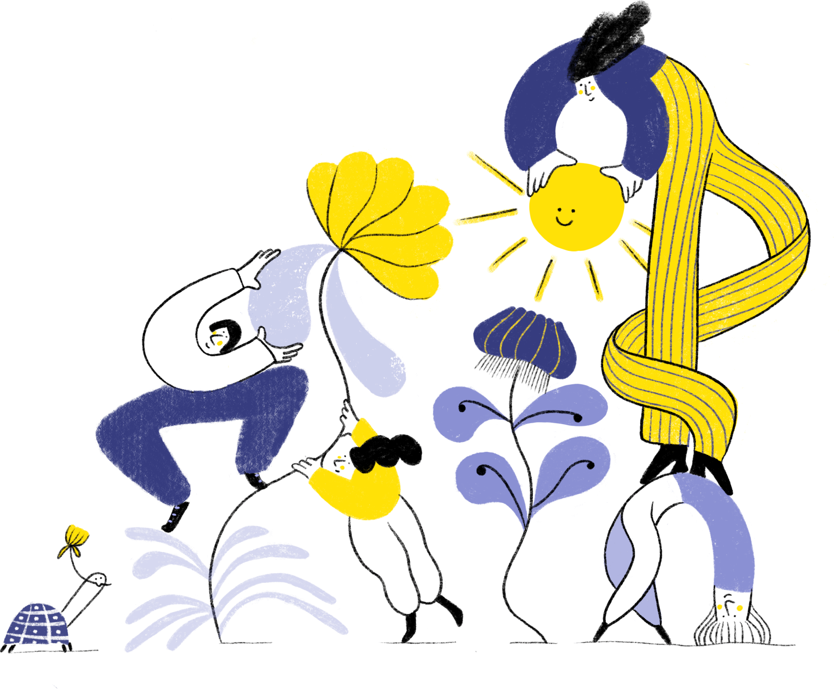 Illustration of a team helping each other to add sunshine, water and support