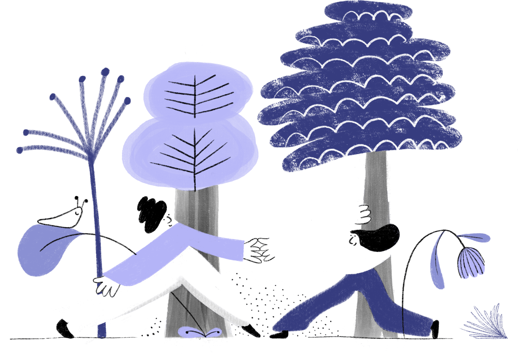 Illustration of two people helping each other in a nature setting