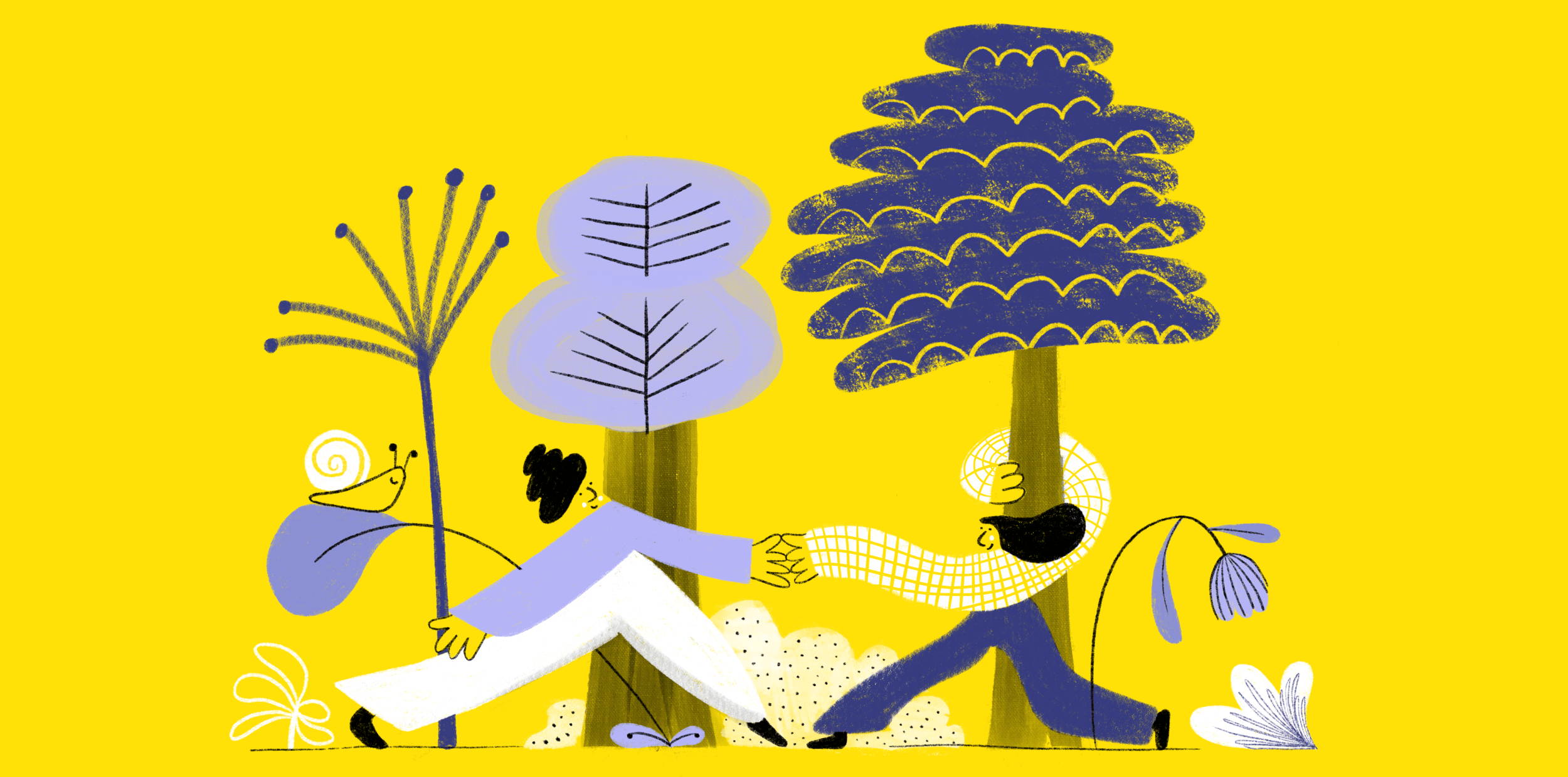 Illustration of two people holding hands in a nature setting