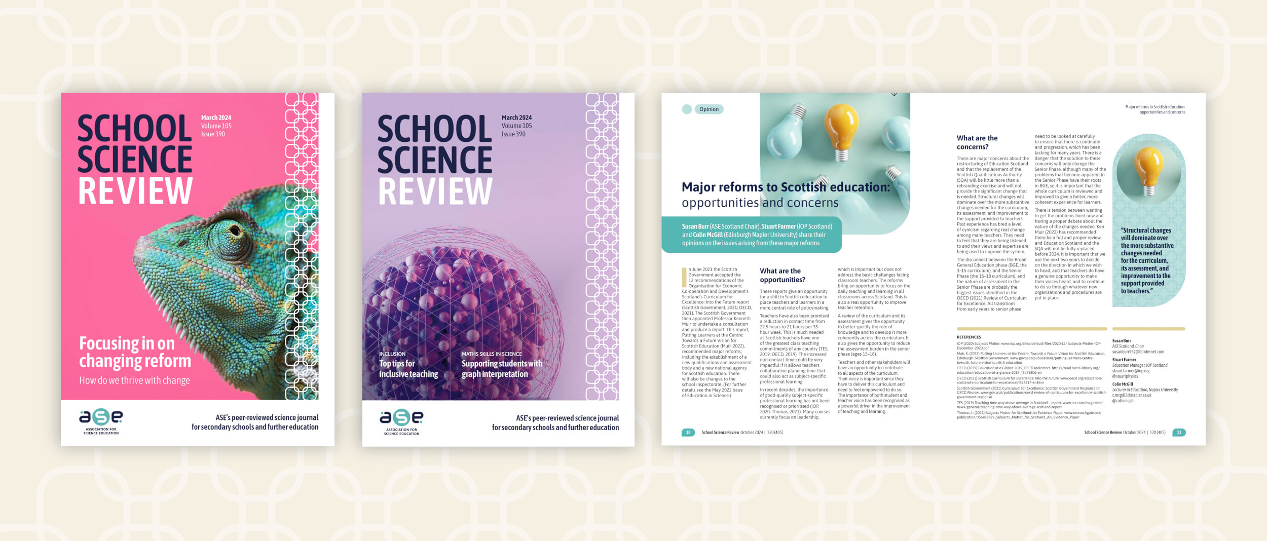 Science School Review Journal two front cover examples and a journal article spread