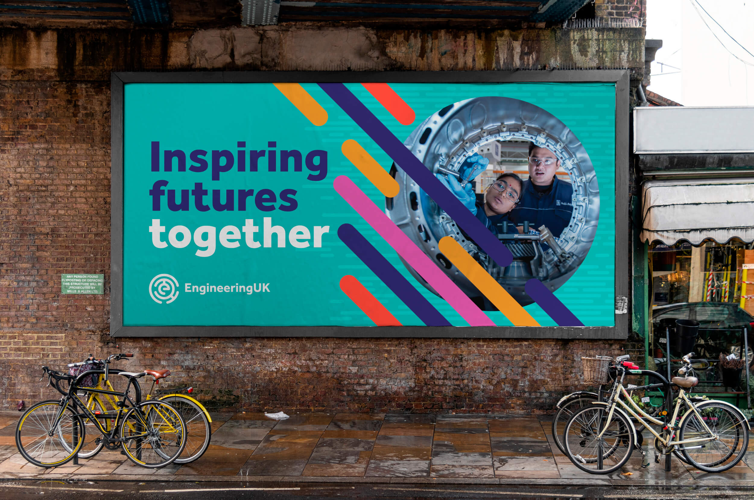 Outdoor billboard in an urban setting with bicycles in the foreground with the strapline inspiring futures together