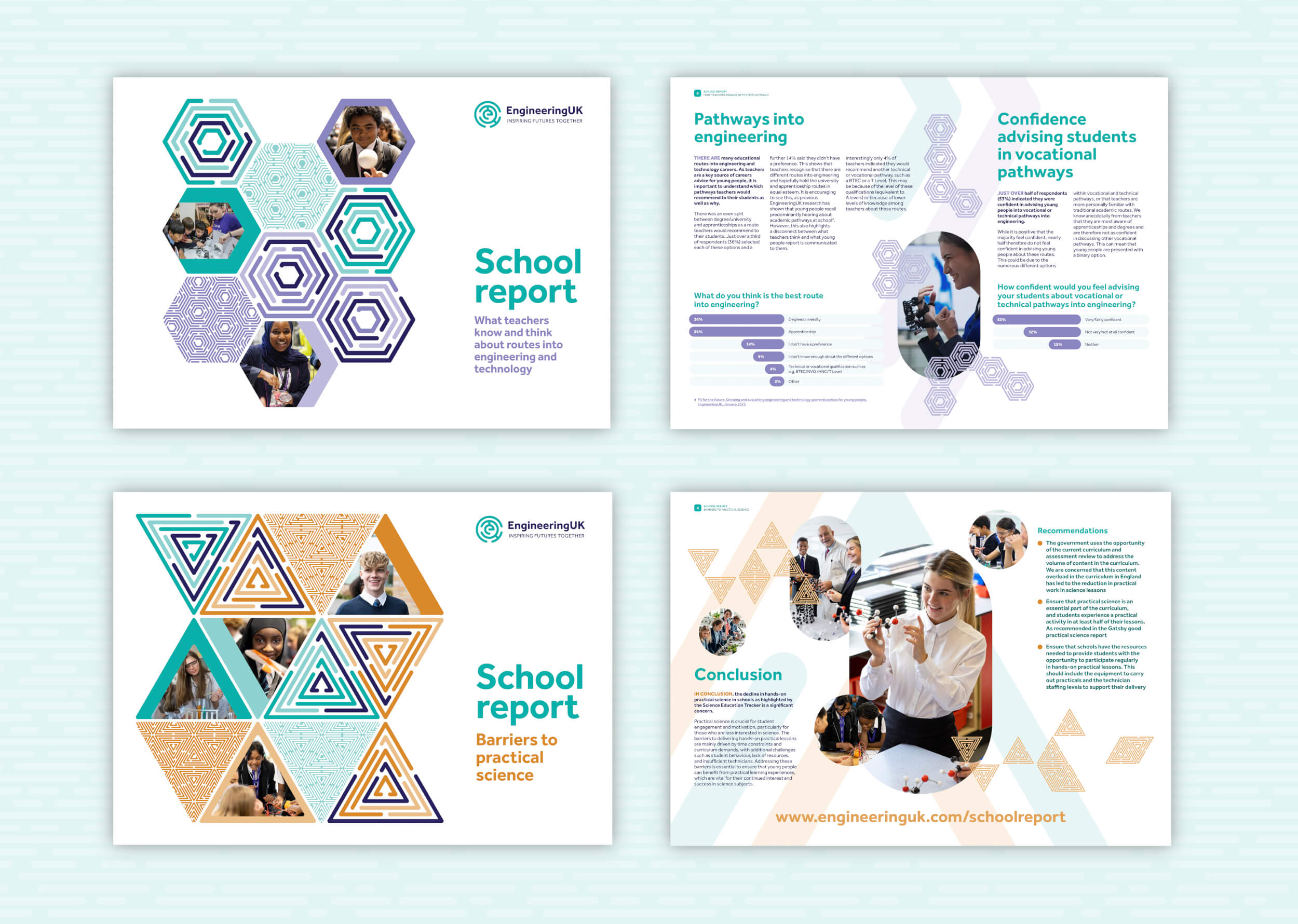 Thumbnails of school reports showcasing the brand implementation