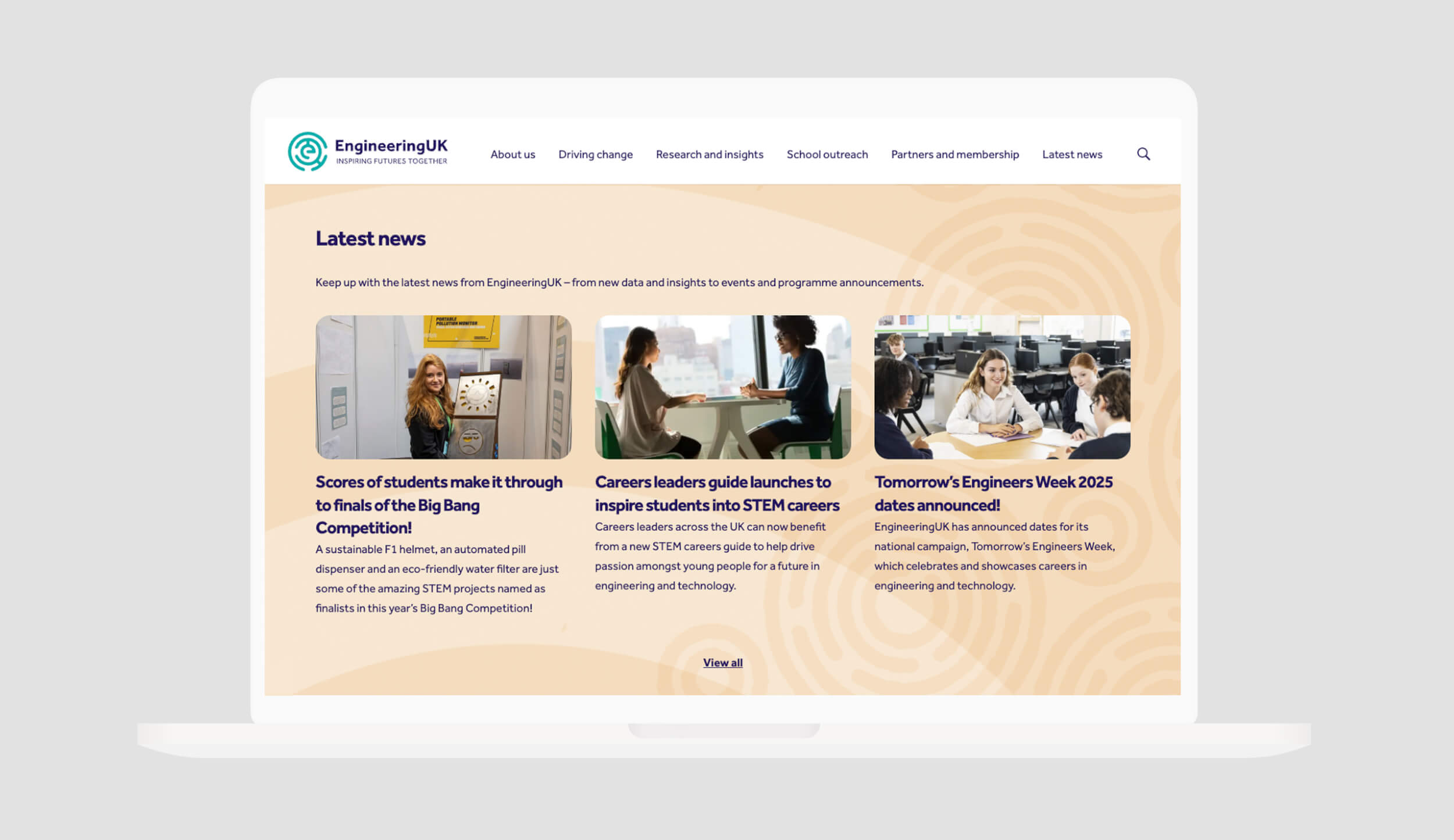 Example of the branding implemented on the organisation website on a desktop