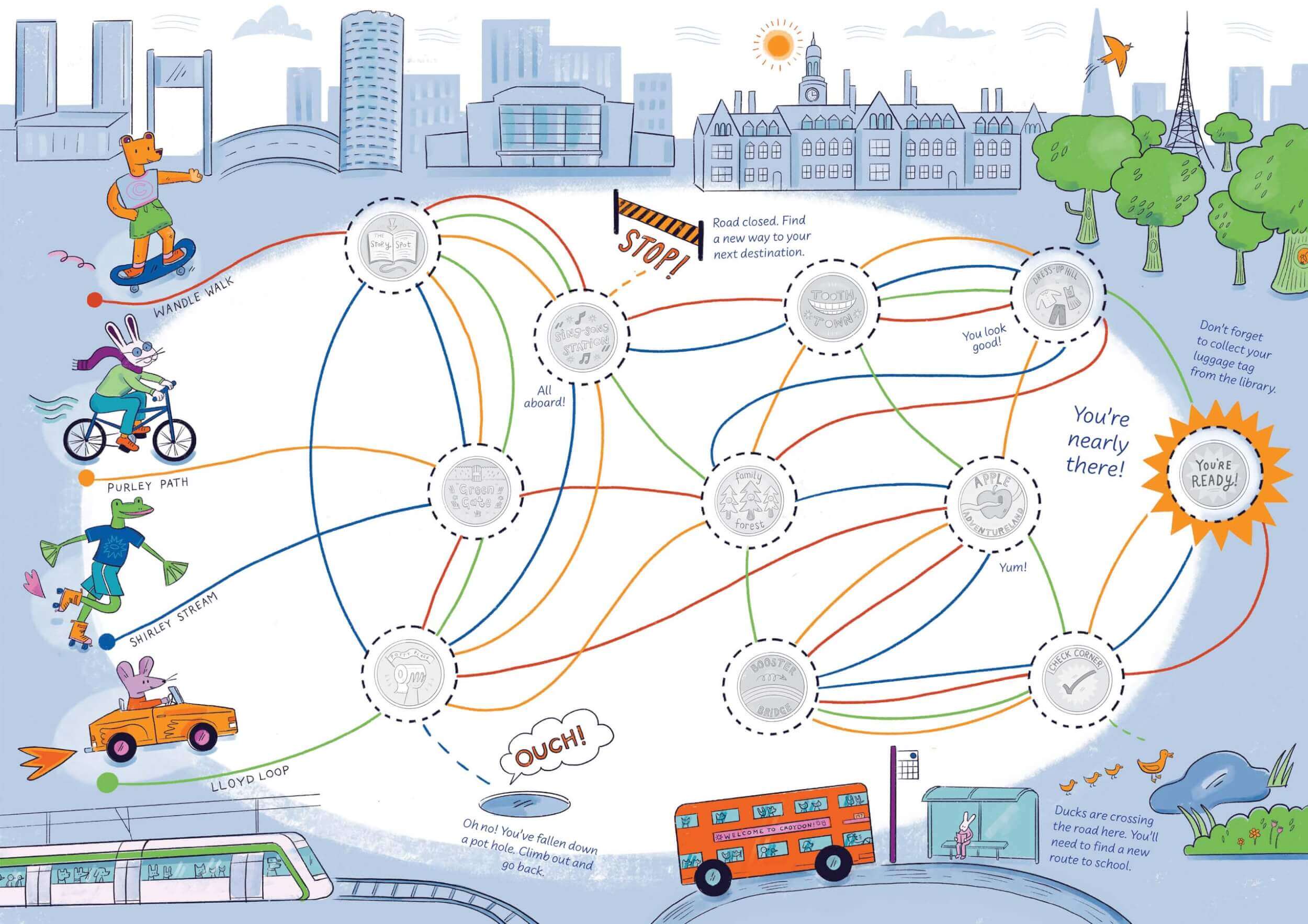 Activity map detail which shows the routes and Croydon skyline and the various forms of public transport..