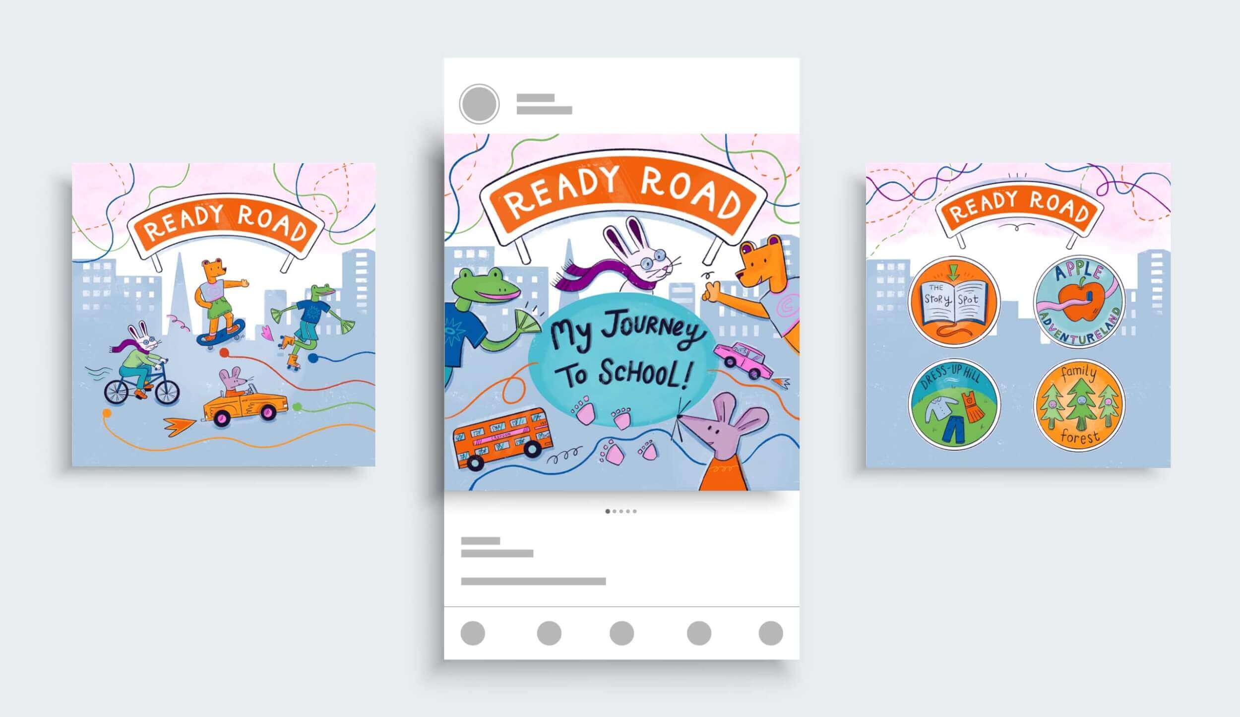 Ready Road social posts showing the characters and stickers for the activity pack.